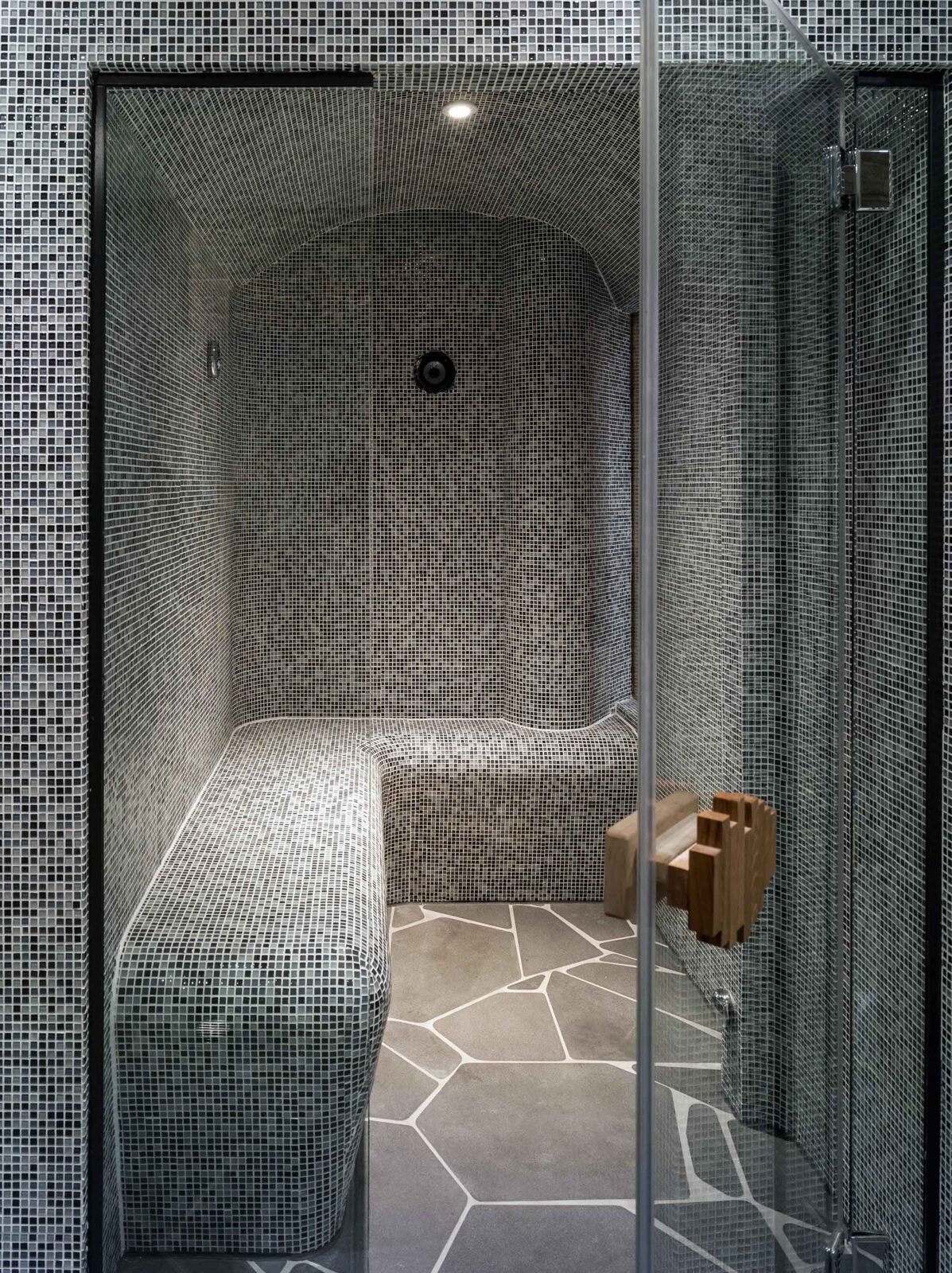 steam room with mosaic tile design and glass door