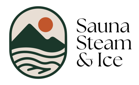 Sauna Steam & Ice logo with mountains, water and sun
